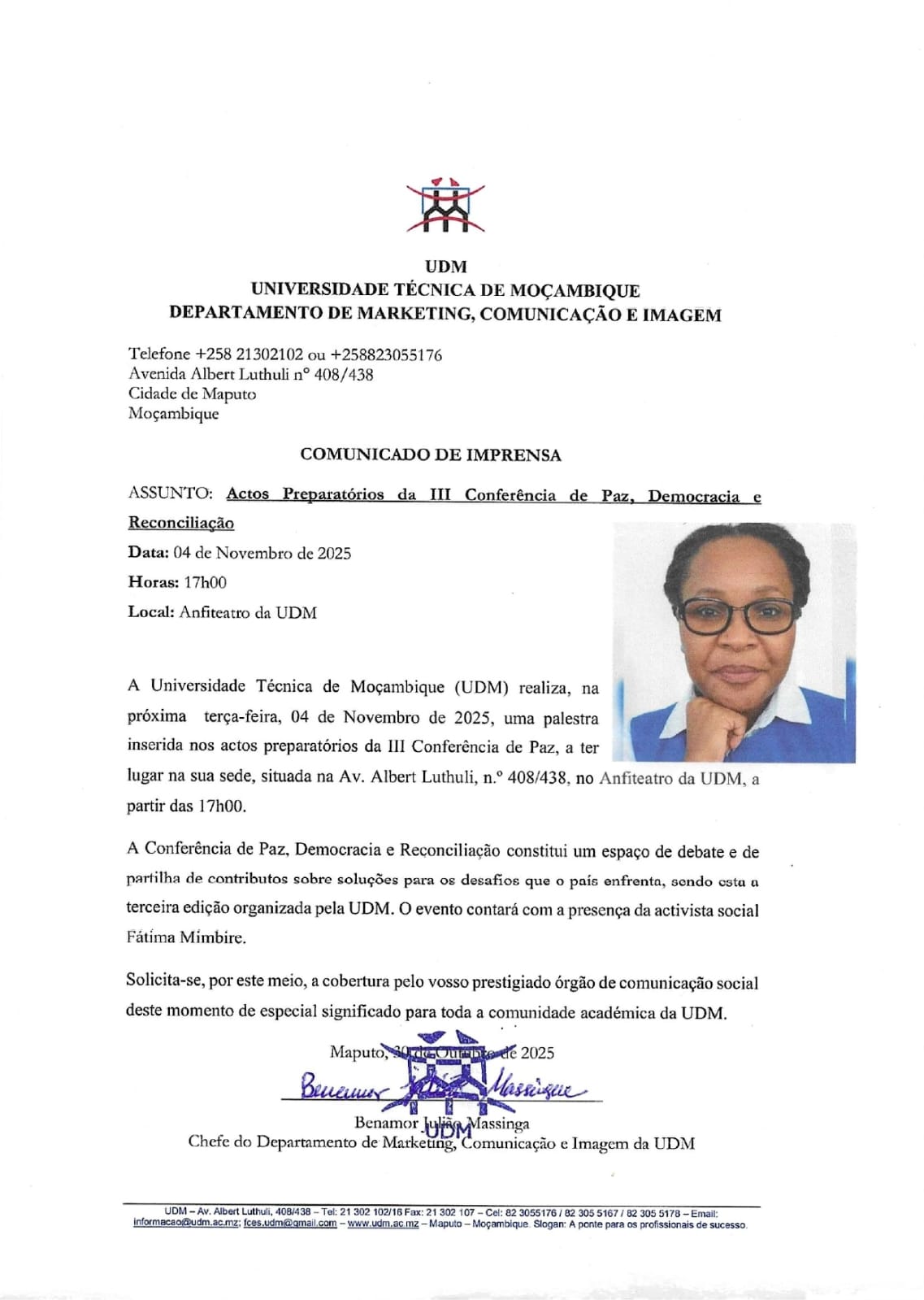 COMUNICADO DE IMPRENSA – PALESTRA FATIMA MIMBIRE (04 DE NOVEMBRO)